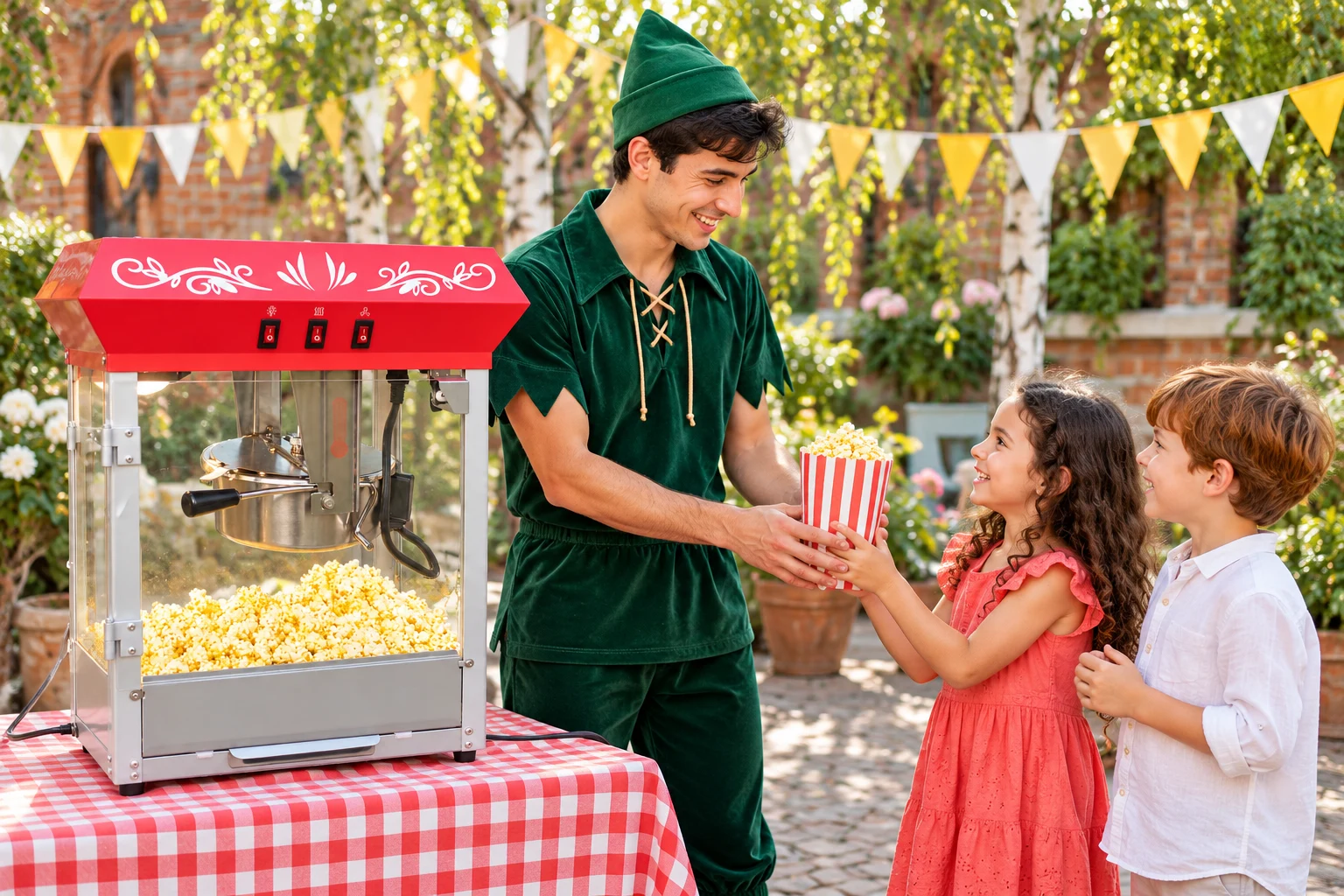 Animator în costumul Peter Pan, oferind popcorn copiilor, lângă aparatul de petrecere.