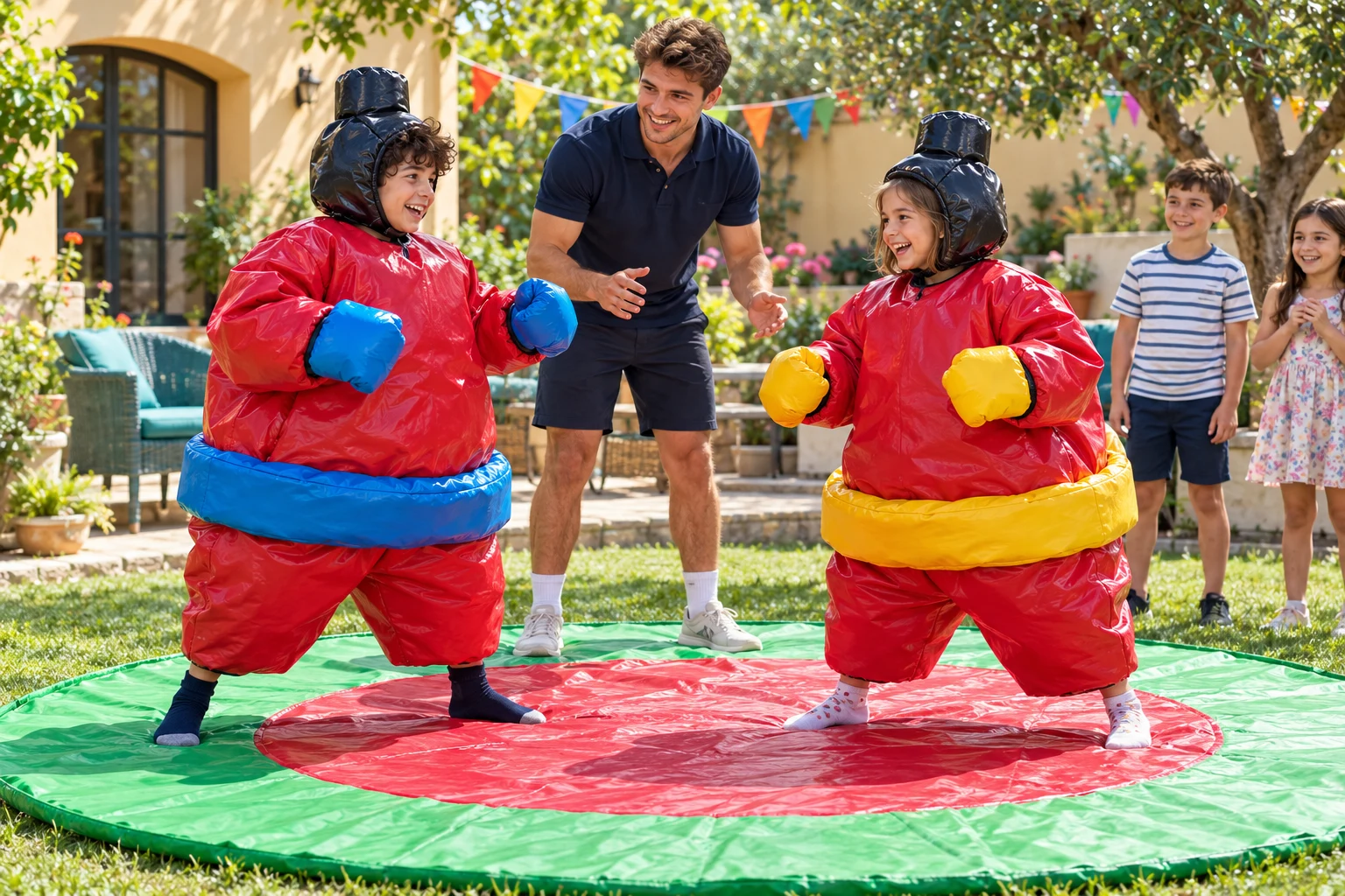 Copii în costume sumo roșii cu centuri albastre și galbene și protecții negre, pe salteaua rotundă roșie cu margine verde, alături de animator.