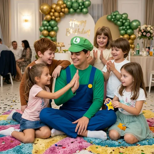 Animator în salopetă albastră, tricou verde și șapcă Luigi, așezat lângă copii.