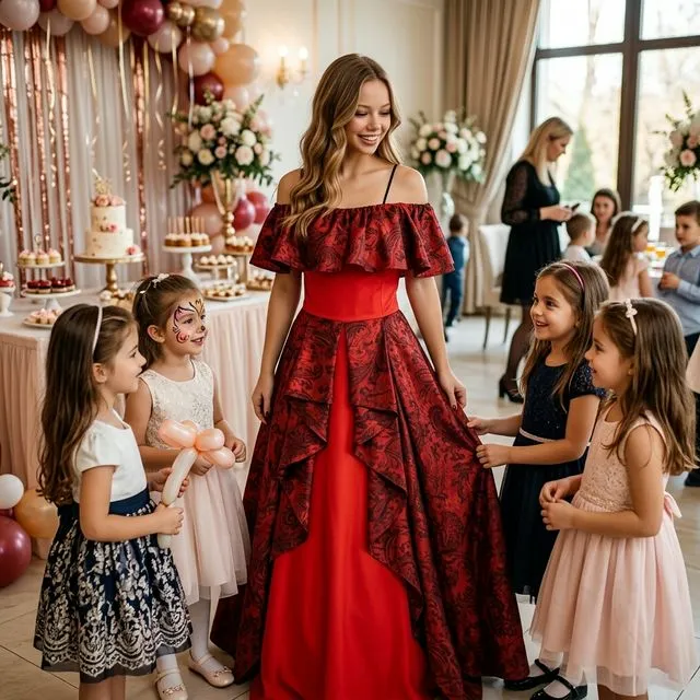 Animatoare cu rochie lungă roșie cu imprimeu și volane la umeri, lângă copii.