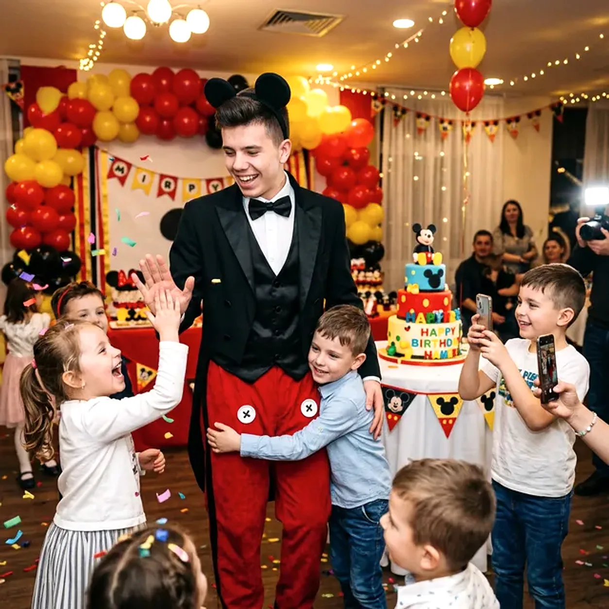 Animator cu fața vizibilă în costum Mickey și copii la o petrecere, în fața unui decor cu baloane.
