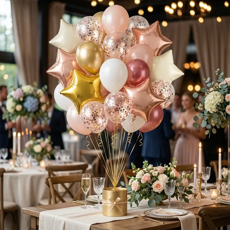 Buchet de baloane pe panglici, inclusiv stele rose-gold și baloane transparente cu confetti, pe masă.